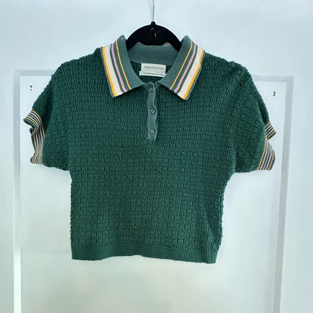 Urban Outfitters Green Cropped Polo Shirt with Knit Texture